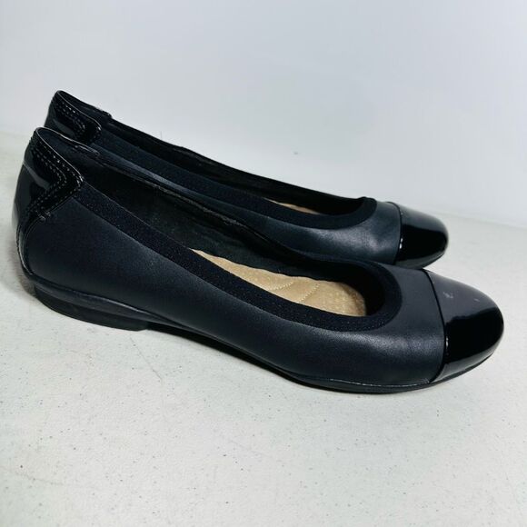 CLARKS Women's Neenah Garden Ballet Flat LEATHER TEXTILE BLACK Leather Size 7,5 - Picture 2 of 8